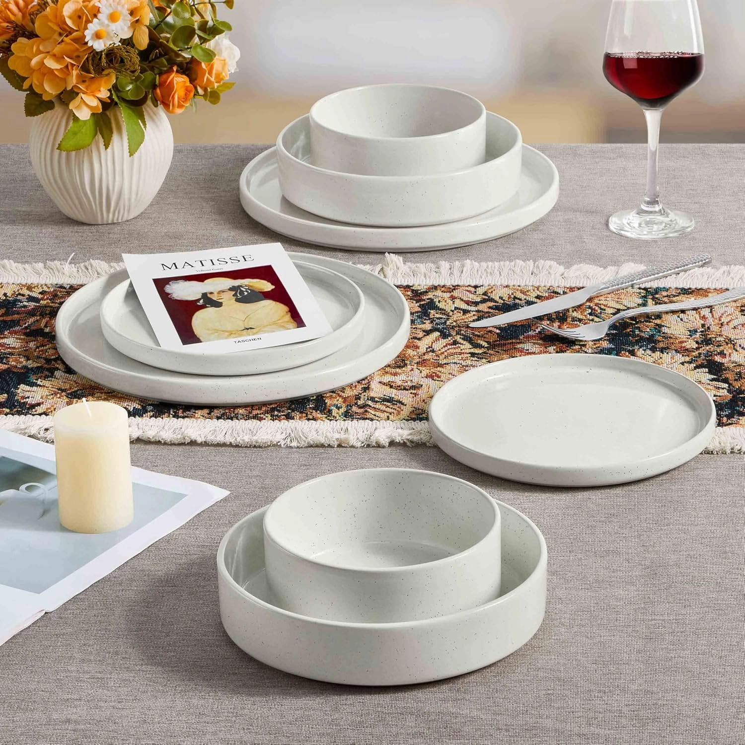 Herogo 8 Piece Dinnerware Sets with Pasta Bowls for 2, Dinner Salad Plates and Cereal Serving Bowls, Stoneware Dishes Dinner Ware for Kitchen Dinning, Chip & Scratch Resistant Dishware, Speckled White