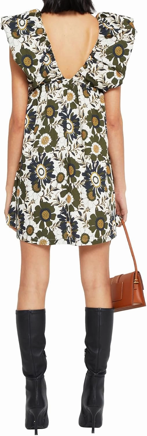 hibshaby Women's Floral Print Mini Dress V Neck Puff Sleeve Dress Short Babydoll Bow Dress
