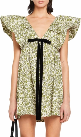 hibshaby Women's Floral Print Mini Dress V Neck Puff Sleeve Dress Short Babydoll Bow Dress