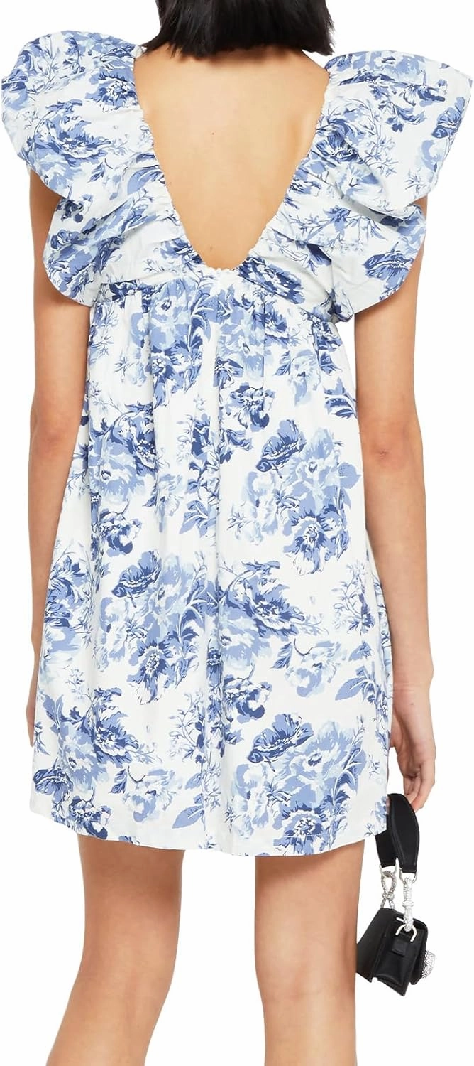 hibshaby Women's Floral Print Mini Dress V Neck Puff Sleeve Dress Short Babydoll Bow Dress