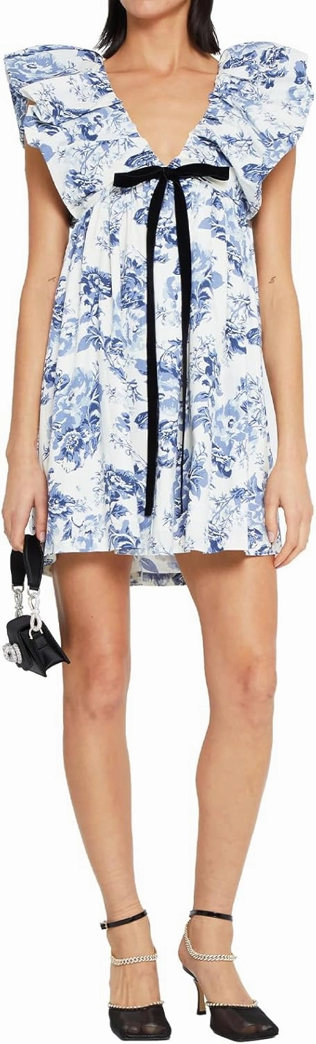 hibshaby Women's Floral Print Mini Dress V Neck Puff Sleeve Dress Short Babydoll Bow Dress