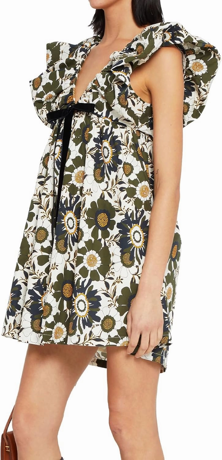 hibshaby Women's Floral Print Mini Dress V Neck Puff Sleeve Dress Short Babydoll Bow Dress