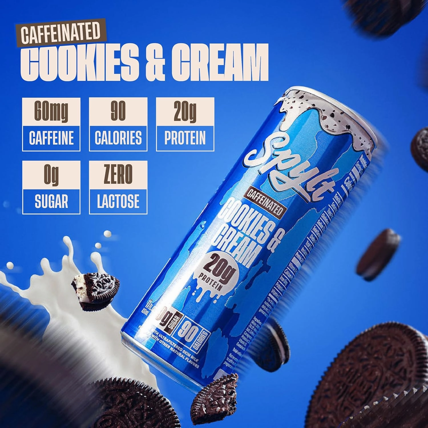 High Protein Cookies & Cream Milk with 60mg Caffeine & 20g Protein - 90 Calories, Ready to Drink, Sugar Free, Lactose Free Milk, Perfect for Workout Recovery & Afternoon Pick Me Up - 12 Count