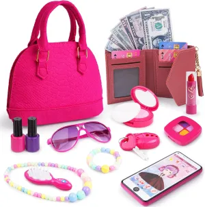 Hilsoeet Little Girls Purse with Accessories, Toddler Toy Purse with Pretend Makeup, Play Purse Set for Little Girls Includes Handbag, Phone, Wallet, Keys, Birthday for Age 3-5 4-6 6-8