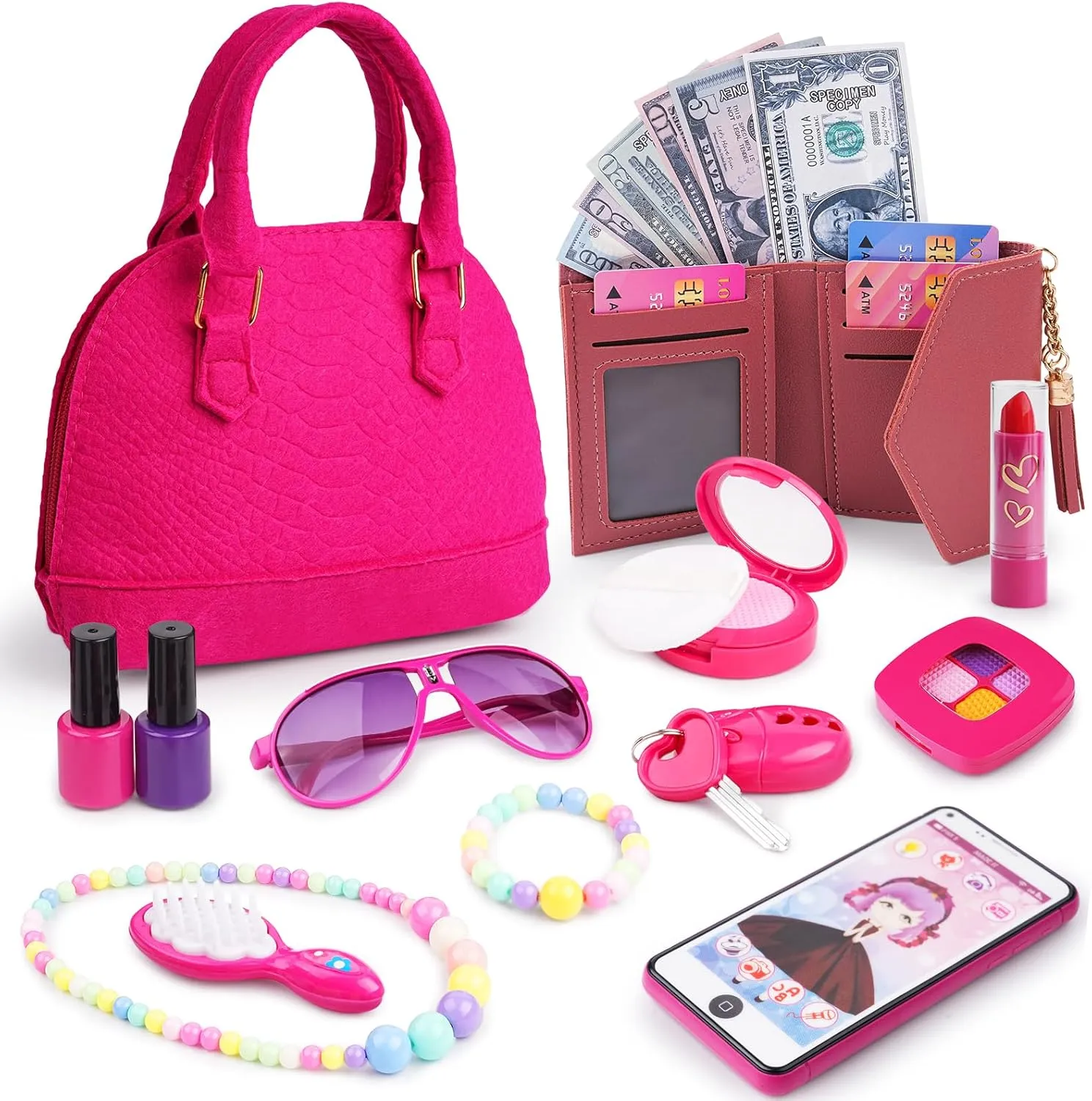 Hilsoeet Little Girls Purse with Accessories, Toddler Toy Purse with Pretend Makeup, Play Purse Set for Little Girls Includes Handbag, Phone, Wallet, Keys, Birthday for Age 3-5 4-6 6-8