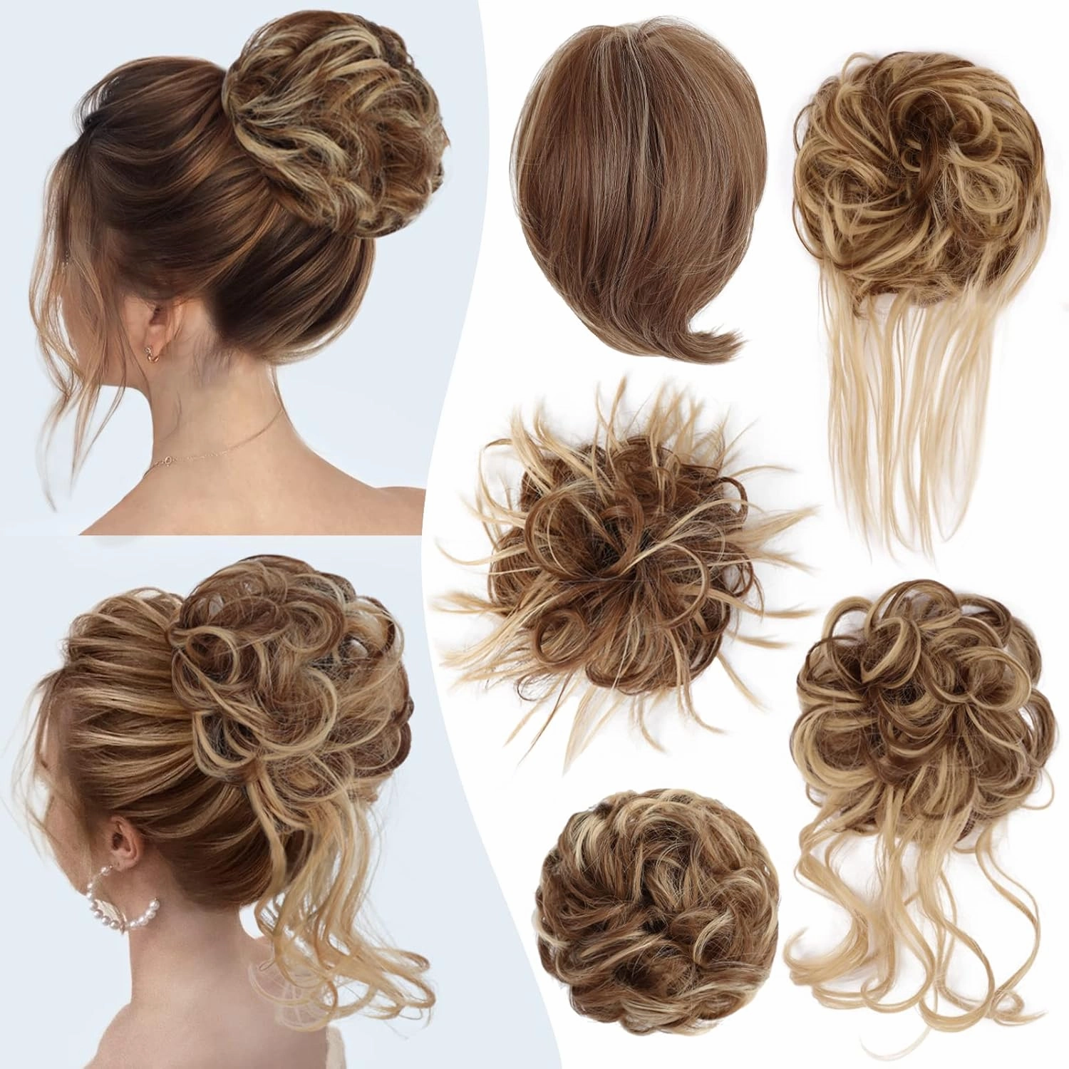 HMD 5 Pieces Messy Hair Bun Hairpiece Tousled Updo for Women Hair Extension Ponytail Scrunchies with Elastic Rubber Band Long Updo Messy Hairpiece Hair Accessories Set for Women（12H24）