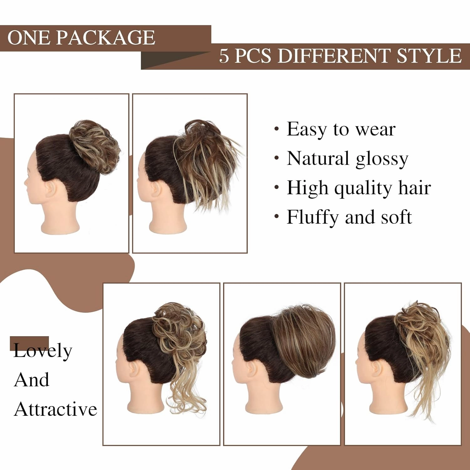 HMD 5 Pieces Messy Hair Bun Hairpiece Tousled Updo for Women Hair Extension Ponytail Scrunchies with Elastic Rubber Band Long Updo Messy Hairpiece Hair Accessories Set for Women（12H24）