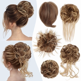 HMD 5 Pieces Messy Hair Bun Hairpiece Tousled Updo for Women Hair Extension Ponytail Scrunchies with Elastic Rubber Band Long Updo Messy Hairpiece Hair Accessories Set for Women（12H24）