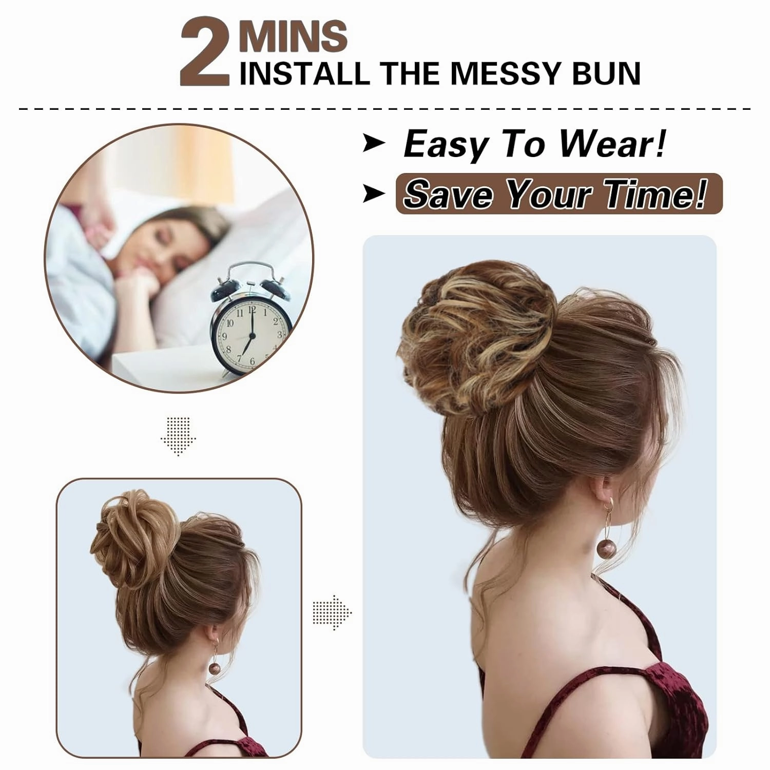 HMD 5 Pieces Messy Hair Bun Hairpiece Tousled Updo for Women Hair Extension Ponytail Scrunchies with Elastic Rubber Band Long Updo Messy Hairpiece Hair Accessories Set for Women（12H24）