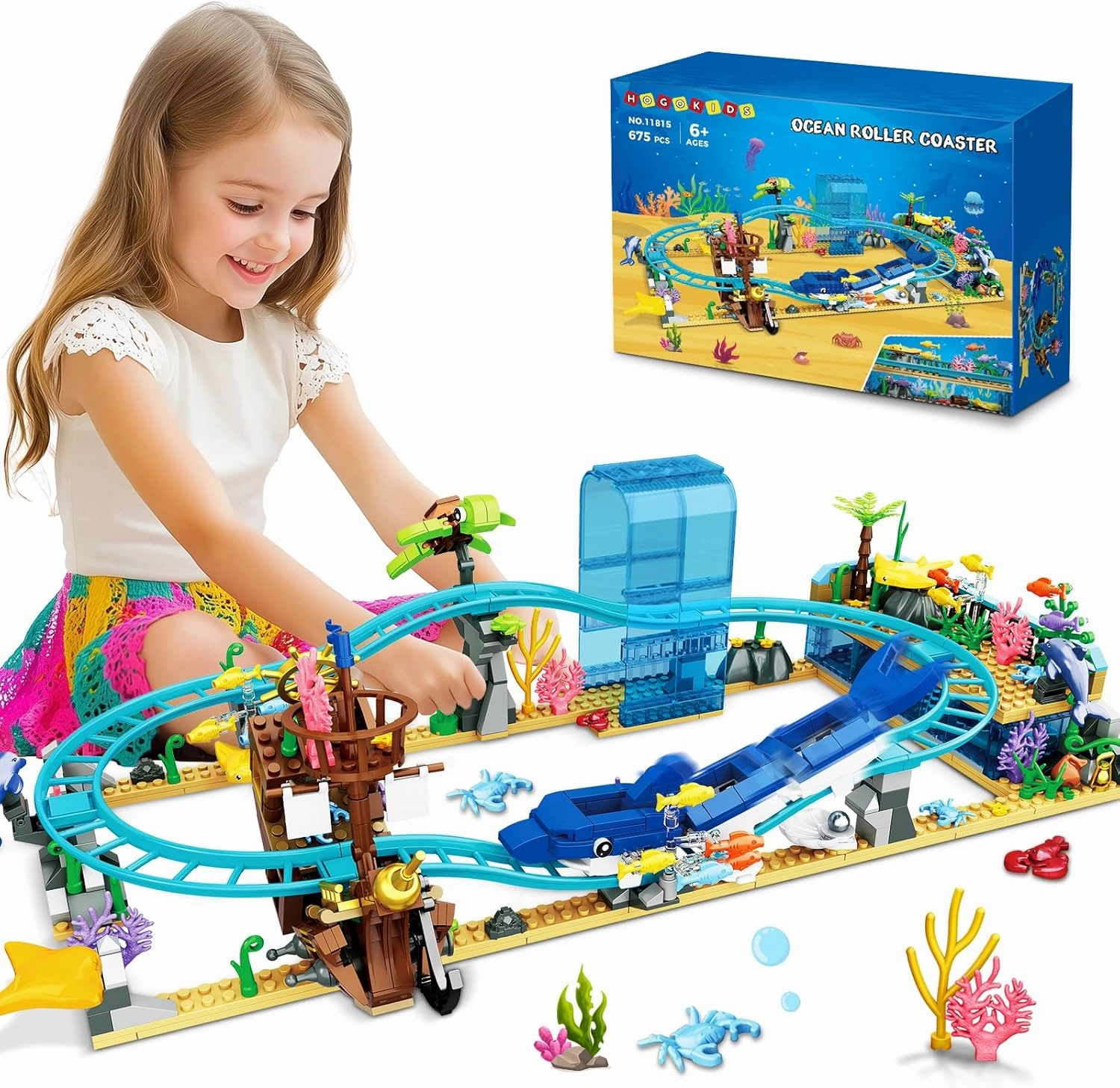 HOGOKIDS Ocean Roller Coaster Building Set - Friends Building Blocks 675PCS with Pirate Ship & Dolphin Railcar Adventure Park Rollercoaster Gift for Kids 6 7 8 9 10 11 12 Years Old Girls Boys