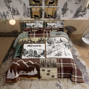 Homewish Rustic Farmhouse Cabin Comforter Set Twin Size,Adventure Deer Antler Hunt Theme Bedding Set,Kids Teens Adult Room Decor Pine Wooden Plaid Patchwork Quilt Set Vintage Brown Duvet Insert 2Pcs