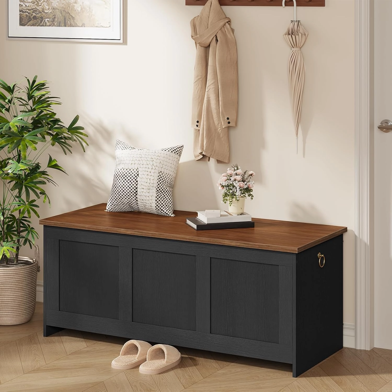 HOOBRO Storage Bench, 43.3" Retro Wooden Storage Chest, Wooden Storage Trunk, Toy Chest with Lift Top, Multifunctional Entryway Organizer, for Entryway, Living Room, Black and Walnut BH411CW01