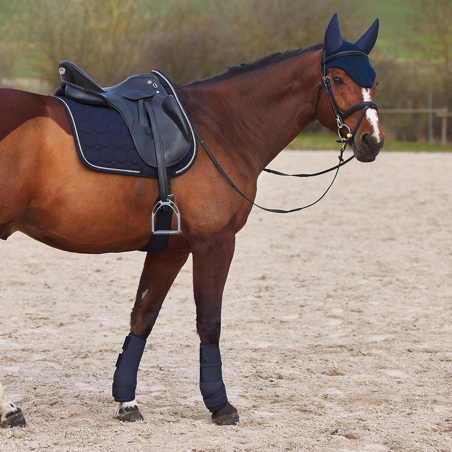 Horze Marquess Crochet Horse Ear Bonnet | Sound Dampening Fly Protection - Dark Navy - Horse