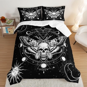 HOSIMA Death Moth Skull Heads Boho Comforter Set - Queen Size Horror Theme Halloween Bedding, Sun and Moon Print for Teens Boys Girls Room Decor, Fluffy Lightweight Gothic Bedding with 2 Pillowcases