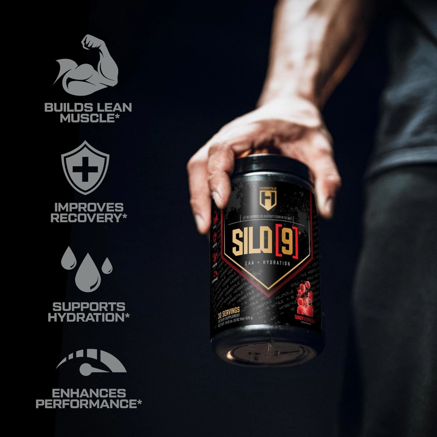 HOSSTILE SILO[9] Essential Amino Acids, EAA & BCAA Powder, Electrolyte Hydration Support, Enhance Muscle Recovery, Build Lean Muscle, Pre or Post Workout Drink, Tangy Raspberry, 30 Servings