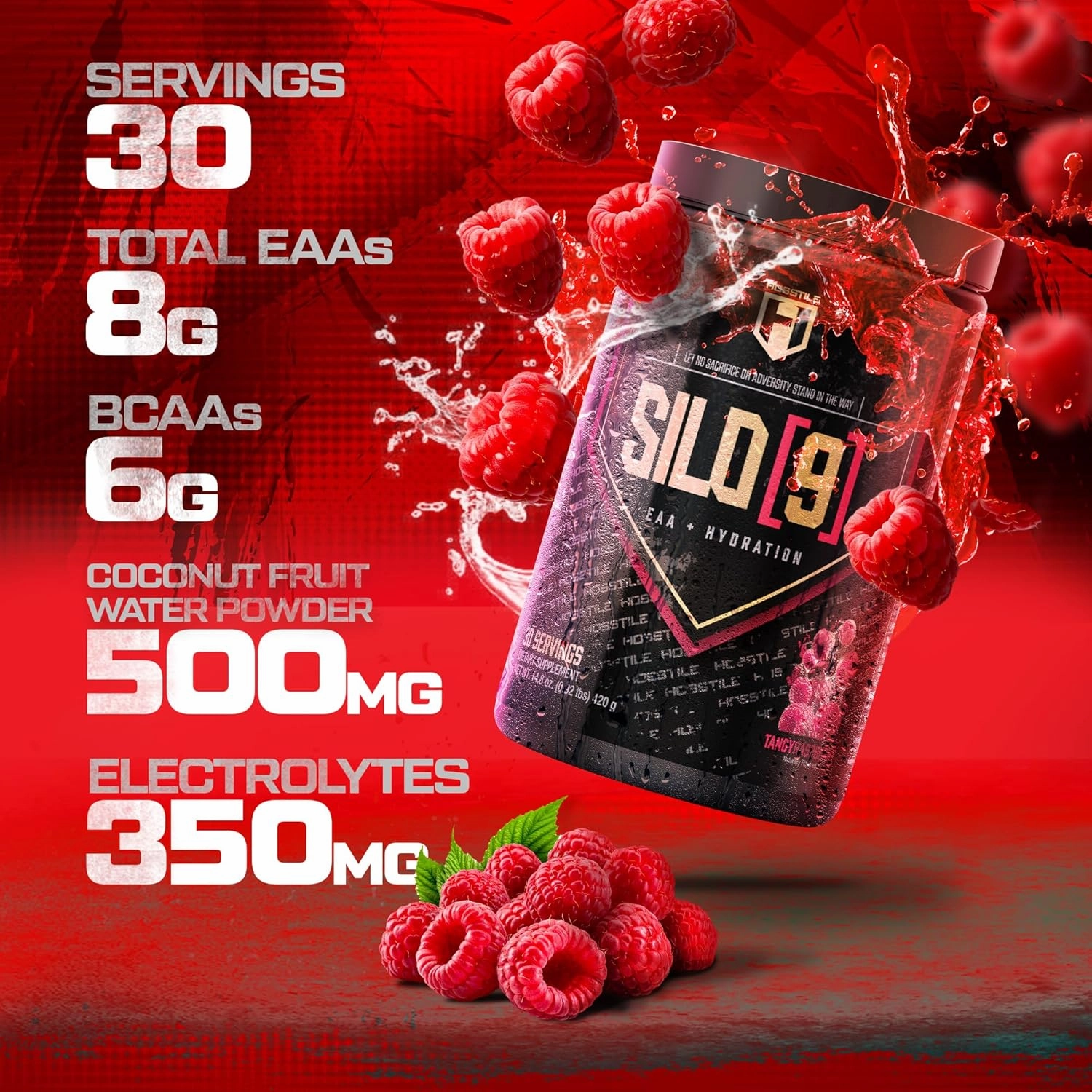 HOSSTILE SILO[9] Essential Amino Acids, EAA & BCAA Powder, Electrolyte Hydration Support, Enhance Muscle Recovery, Build Lean Muscle, Pre or Post Workout Drink, Tangy Raspberry, 30 Servings