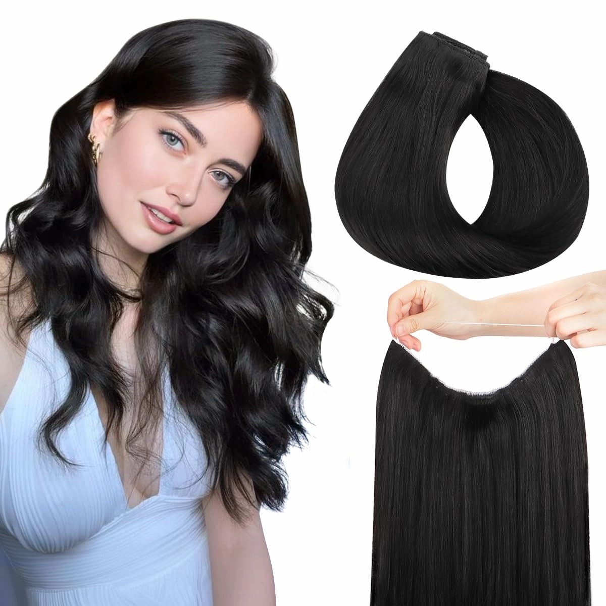 HOTBANANA Wire Hair Extensions, 14 inch 75g Natural Black Invisible Fish Line Real Human Hair Extensions Straight