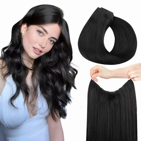 HOTBANANA Wire Hair Extensions, 14 inch 75g Natural Black Invisible Fish Line Real Human Hair Extensions Straight