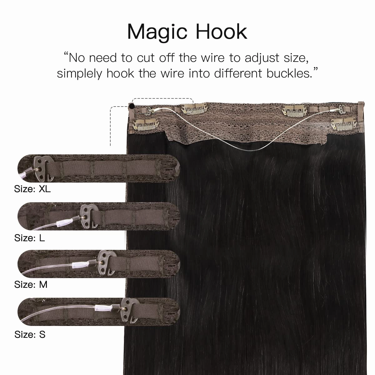 HOTBANANA Wire Hair Extensions, 14 inch 75g Natural Black Invisible Fish Line Real Human Hair Extensions Straight