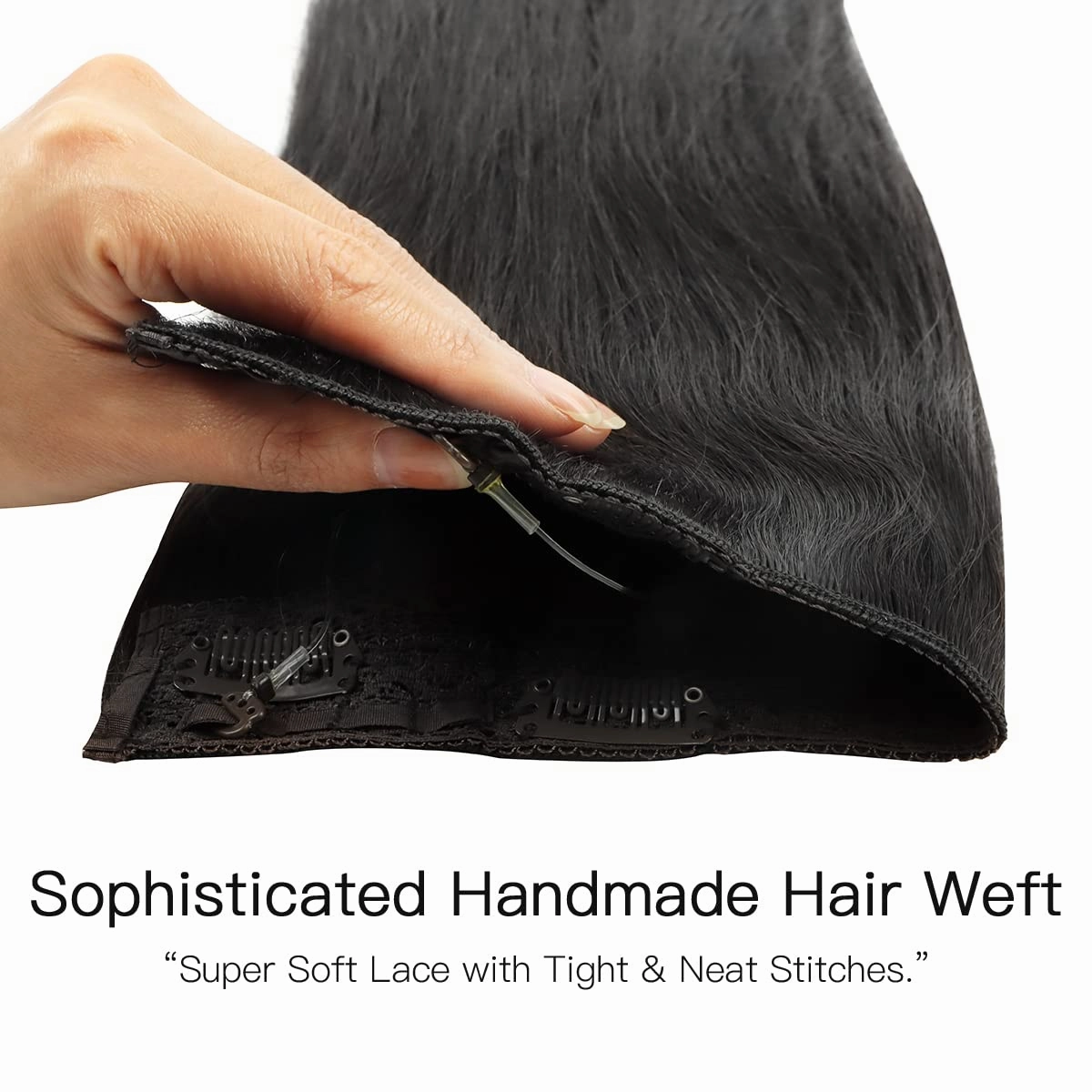 HOTBANANA Wire Hair Extensions, 14 inch 75g Natural Black Invisible Fish Line Real Human Hair Extensions Straight