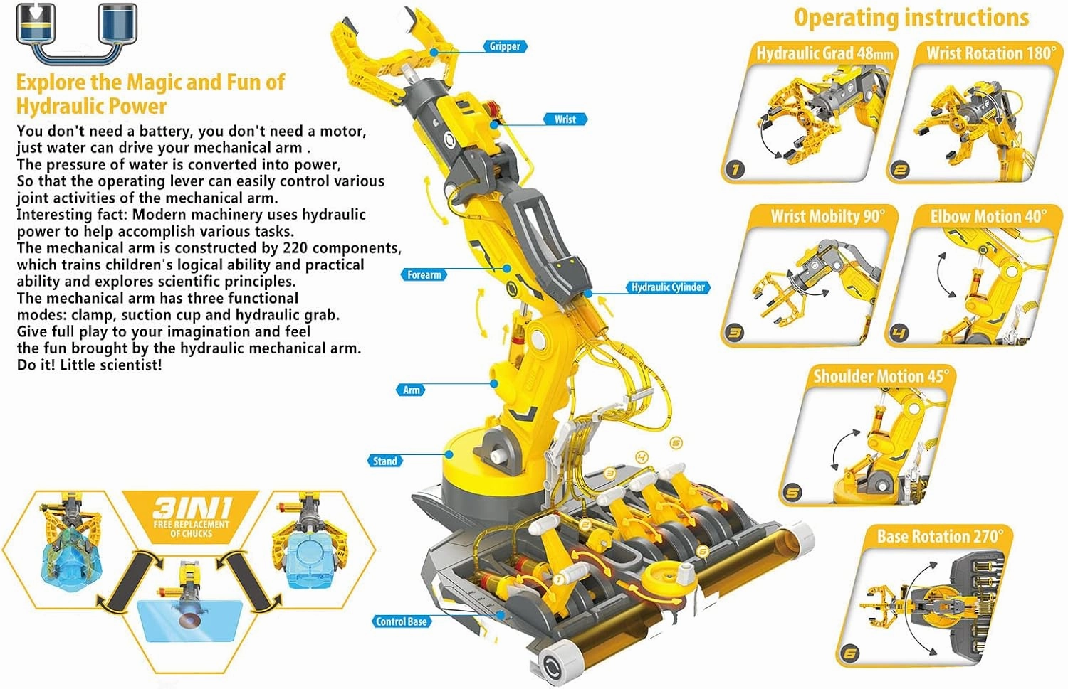 Hydraulic Robot Arm Kit STEM Building Projects Toy Science Kits 3 in 1 Children Hydraulic Mechanical Arm Toy Scientific Experiment for Kids Over 8 Years(Yellow)