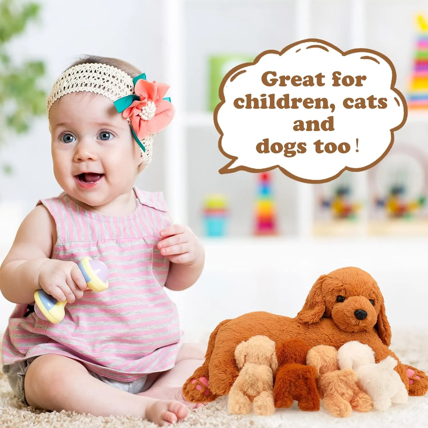 HyDren Nurturing Dog Stuffed Animal Sets Soft Cuddly Golden Retriever Plush Toys Nursing Mommy Dog with 4 Stuffed Baby Puppies for Kids Birthday Christmas Party Favor Gifts (Golden Retriever)