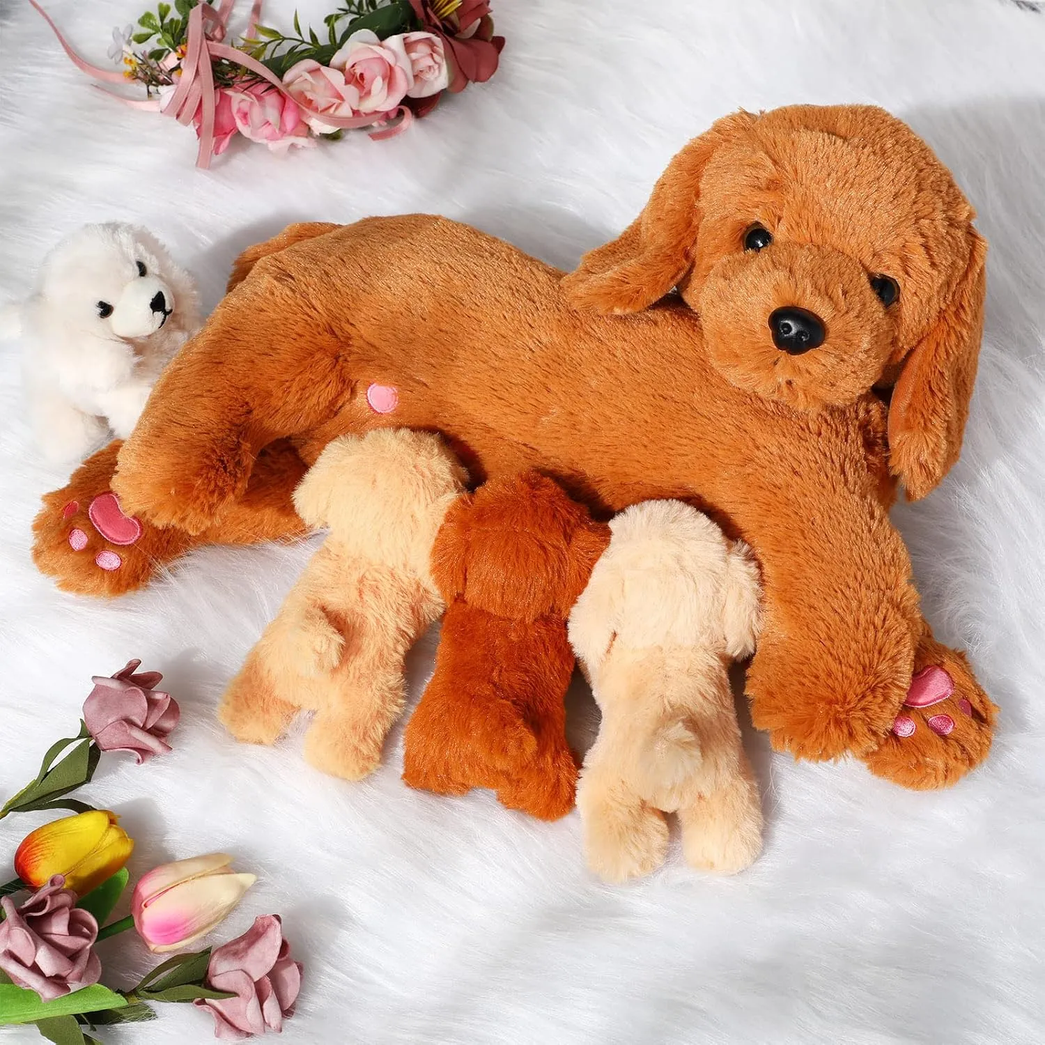 HyDren Nurturing Dog Stuffed Animal Sets Soft Cuddly Golden Retriever Plush Toys Nursing Mommy Dog with 4 Stuffed Baby Puppies for Kids Birthday Christmas Party Favor Gifts (Golden Retriever)