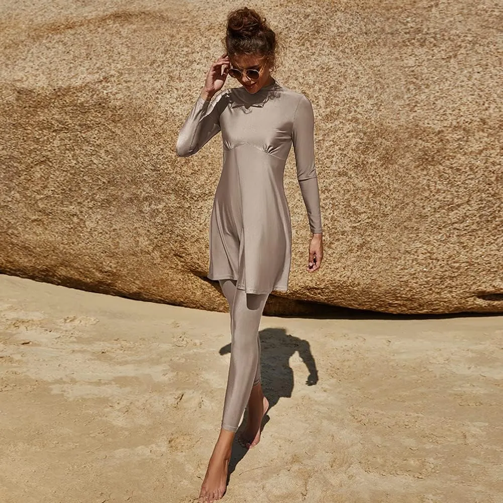 IBAKOM Muslim Swimsuit for Women Rash Guard Set 3 Pieces Long Sleeve Modest Swimwear with Swim Cap Surfing Bathing Suit