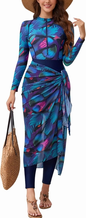 IBAKOM Burkini Swimsut for Women 4 Pieces Long Sleeve Muslim Swim Shirt   Pant   Skirt   Cover Up Islamic Modest Bathing Suit