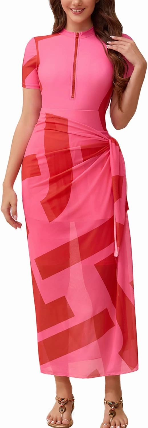 IBAKOM Muslim Burkini for Women 4 Pieces Short Sleeve Swim Shirt Swim Short Swim Skirt Modest Islamic Swimsuit with Sarong