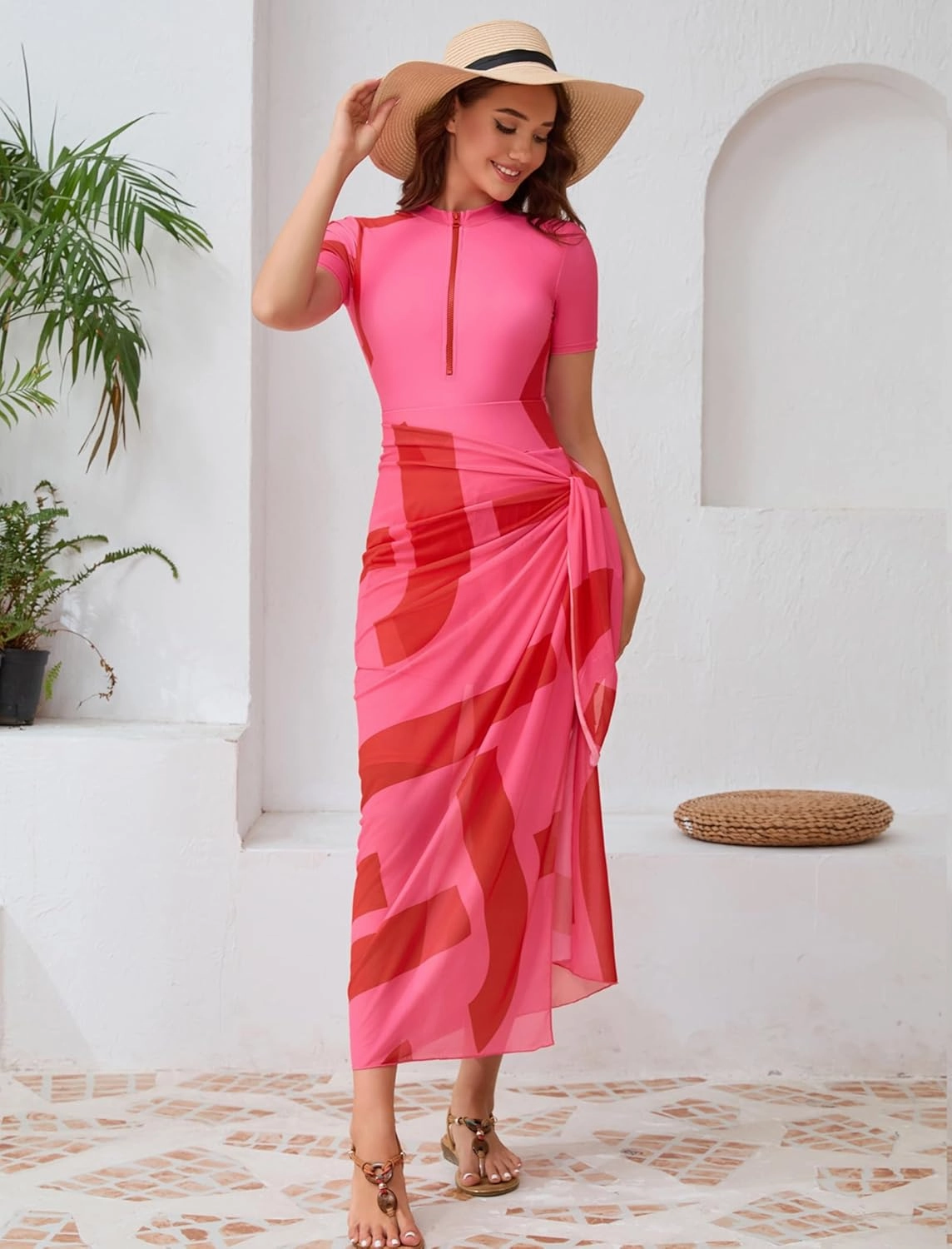 IBAKOM Muslim Burkini for Women 4 Pieces Short Sleeve Swim Shirt Swim Short Swim Skirt Modest Islamic Swimsuit with Sarong