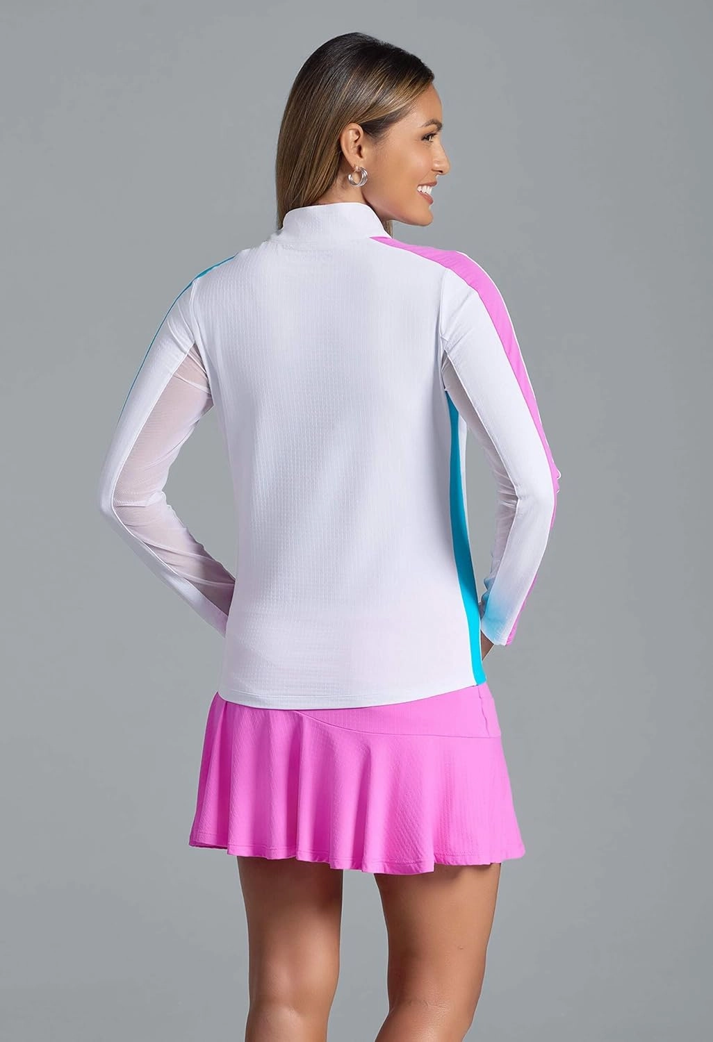 IBKUL Athleisure Wear Sun Protective UPF 50  Icefil Cooling Tech Color Block Print Long Sleeve Mock Neck Top – 10001