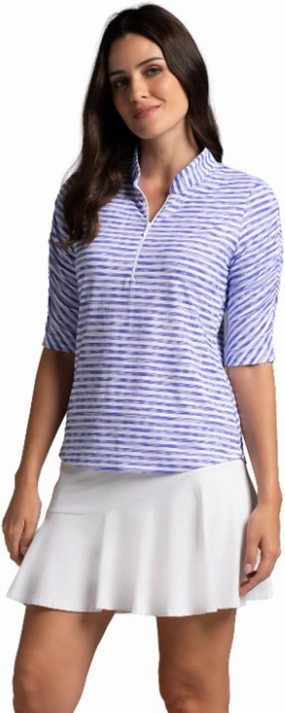 IBKUL Athleisure Wear Sun Protective UPF 50  Icefil Cooling Tech Landon Stripe II Print Ruched Elbow Sleeve Top - 41164