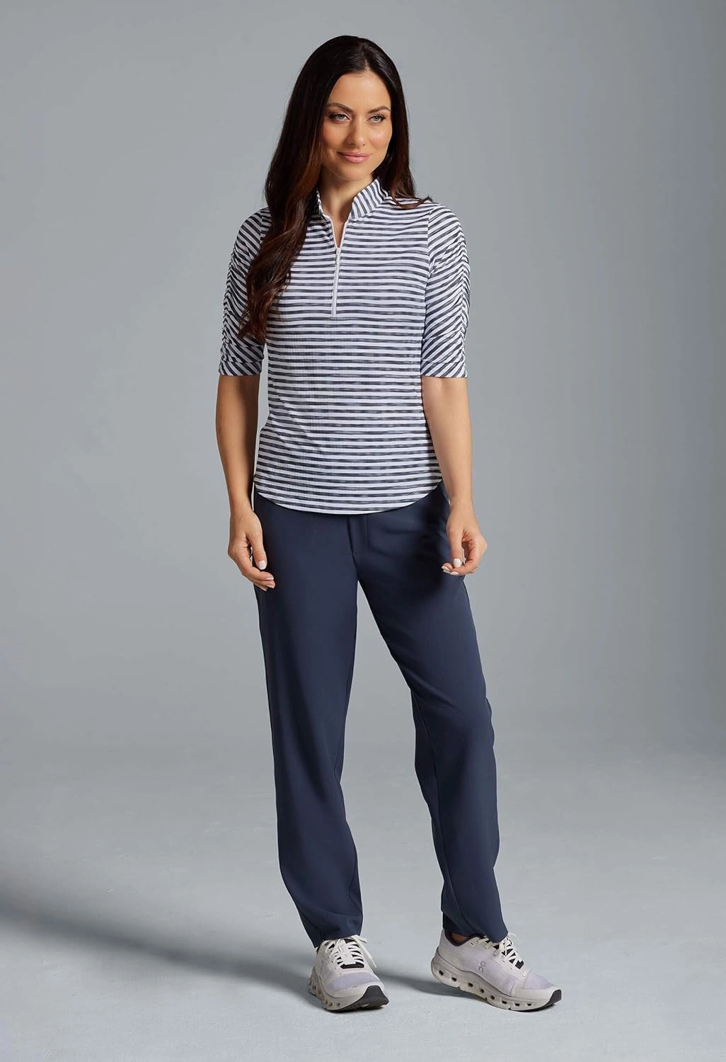 IBKUL Athleisure Wear Sun Protective UPF 50  Icefil Cooling Tech Landon Stripe II Print Ruched Elbow Sleeve Top - 41164