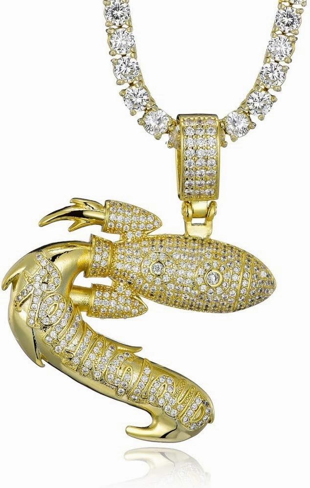 Iced Out Rocket Gold Silver Color Copper Hip Hop Pendant Necklace 18K Gold Plated Macro Pave CZ Simulated Diamond for Men Women Jewelry with Stainless Steel Rope Chain