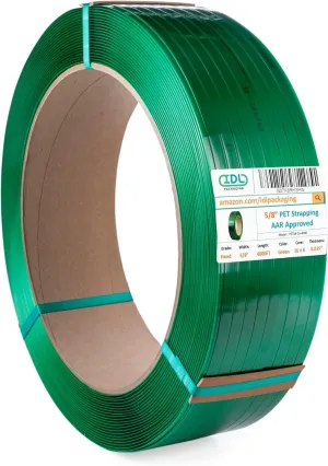 IDL Packaging 5/8" x .035" x 4000' Polyester (PET) Strapping Roll of 16" x 6" Core Size, 1400 lbs Break Strength, Green - UV, Water, and Rust Resistance - Affordable and Lightweight Poly Strapping