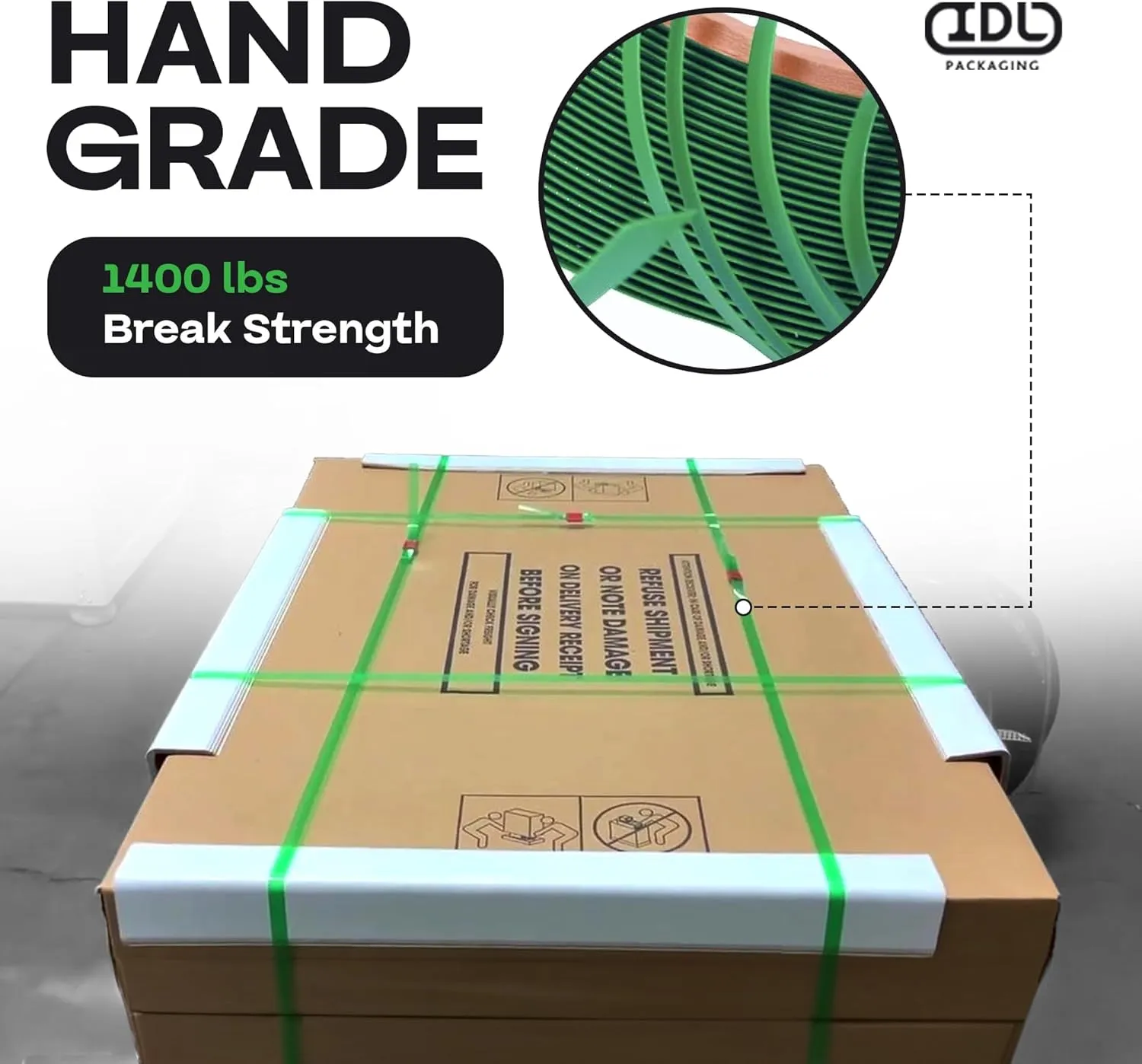 IDL Packaging 5/8" x .035" x 4000' Polyester (PET) Strapping Roll of 16" x 6" Core Size, 1400 lbs Break Strength, Green - UV, Water, and Rust Resistance - Affordable and Lightweight Poly Strapping