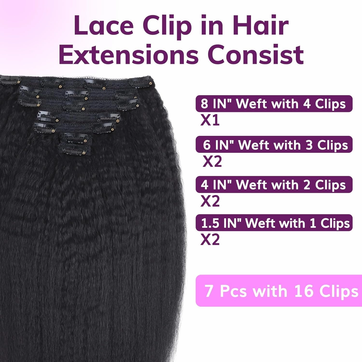 IDN BEAUTY Clip in Hair Extensions Real Human Hair Kinky Straight 120g Natural Black Double-layer Lace Clip In for Black Women Soft Breathable Lace Invisible Seamlessly Blending 7pcs 16 Inch