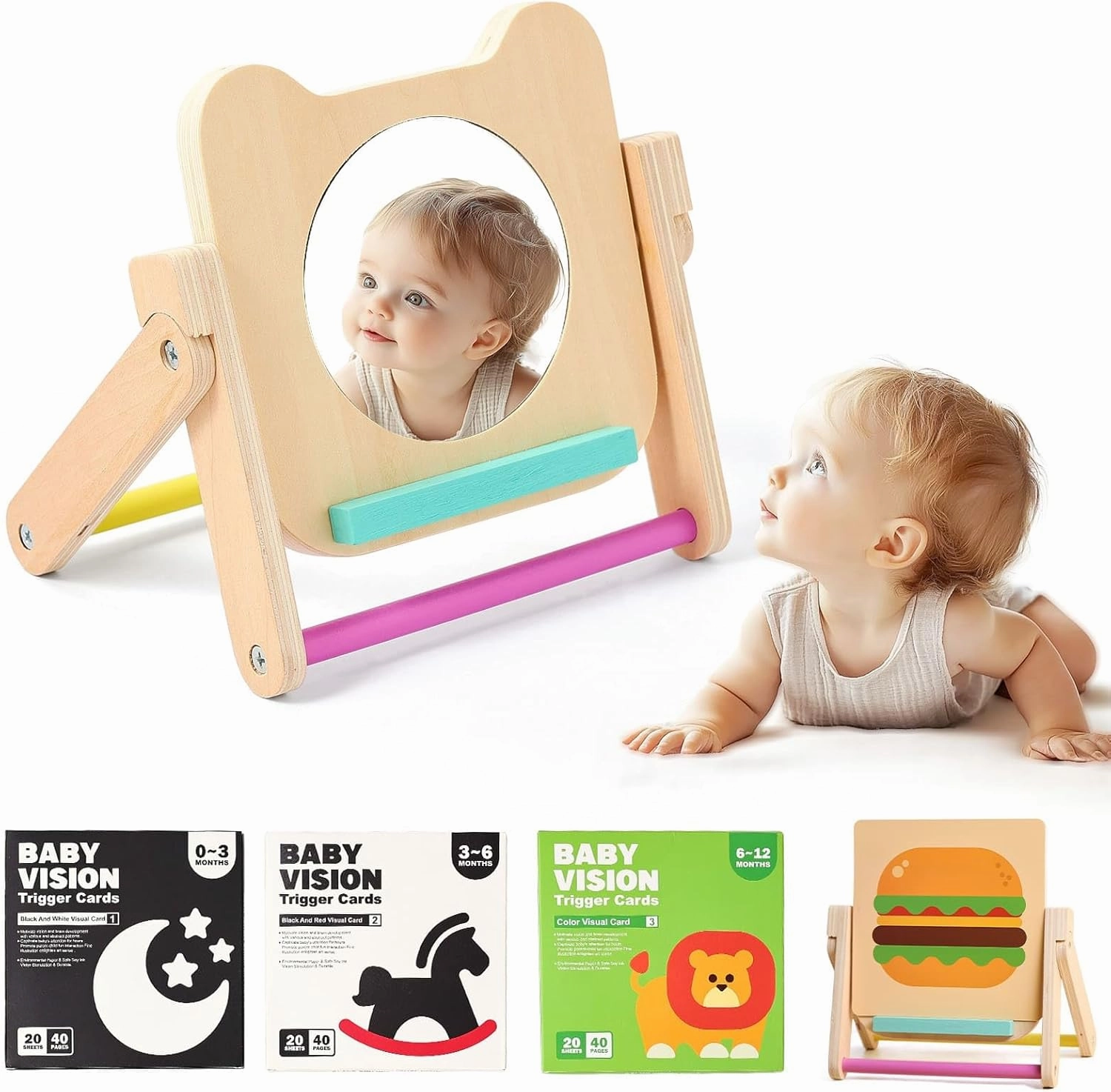 IEATFO Rotating Baby Safe Mirror with 120 Pages Visual Stimulation Cards - Wooden Tummy Time Mirror Toys - Black White Red and Color High Contrast Baby Flashcards for Brain and Cognitive Development