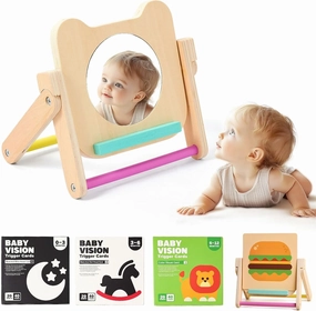 IEATFO Rotating Baby Safe Mirror with 120 Pages Visual Stimulation Cards - Wooden Tummy Time Mirror Toys - Black White Red and Color High Contrast Baby Flashcards for Brain and Cognitive Development