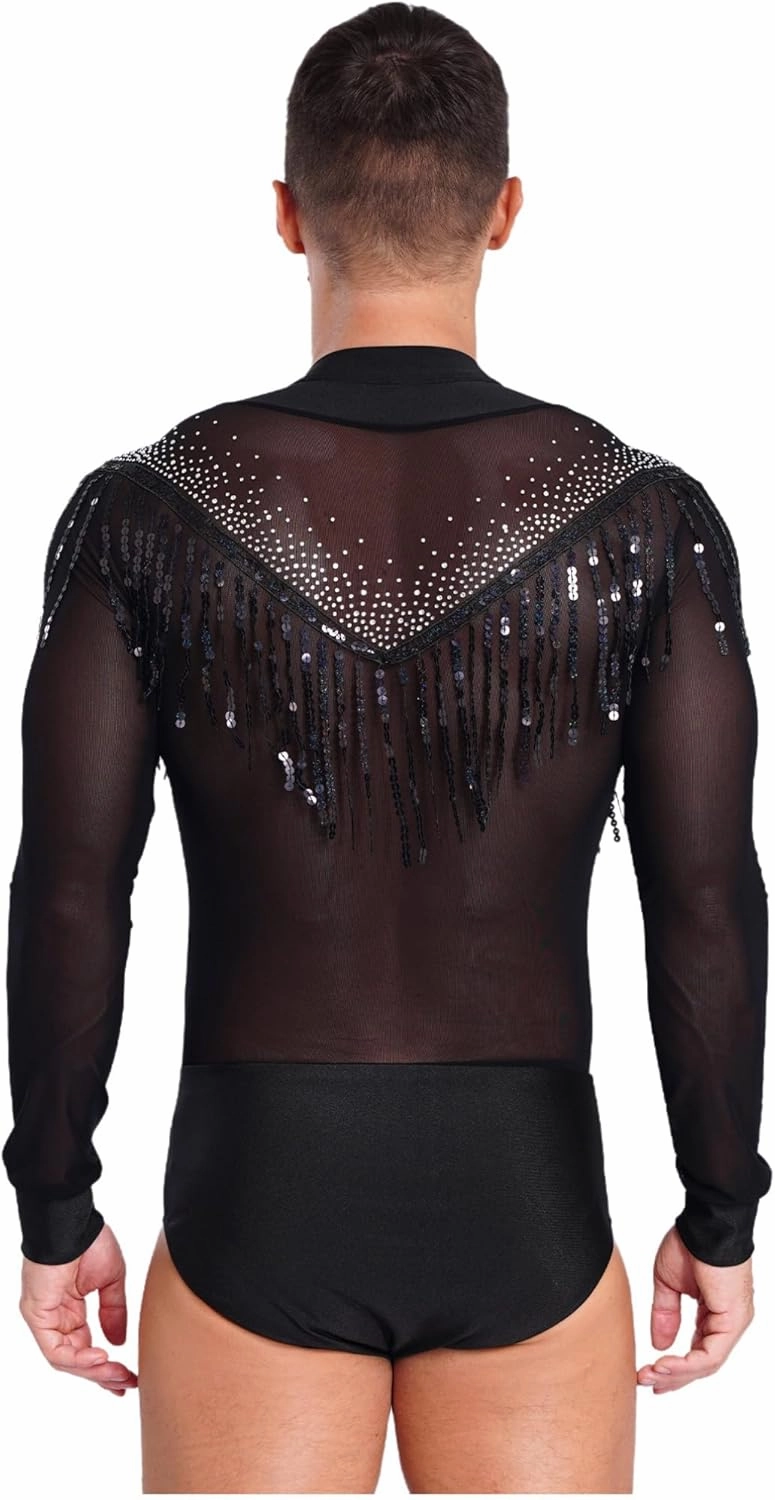 iiniim Men's Shiny Latin Dance Shirt Tassels Bodysuit Samba Salsa Rumba Latin Dance Shirt Modern Dance Shirt