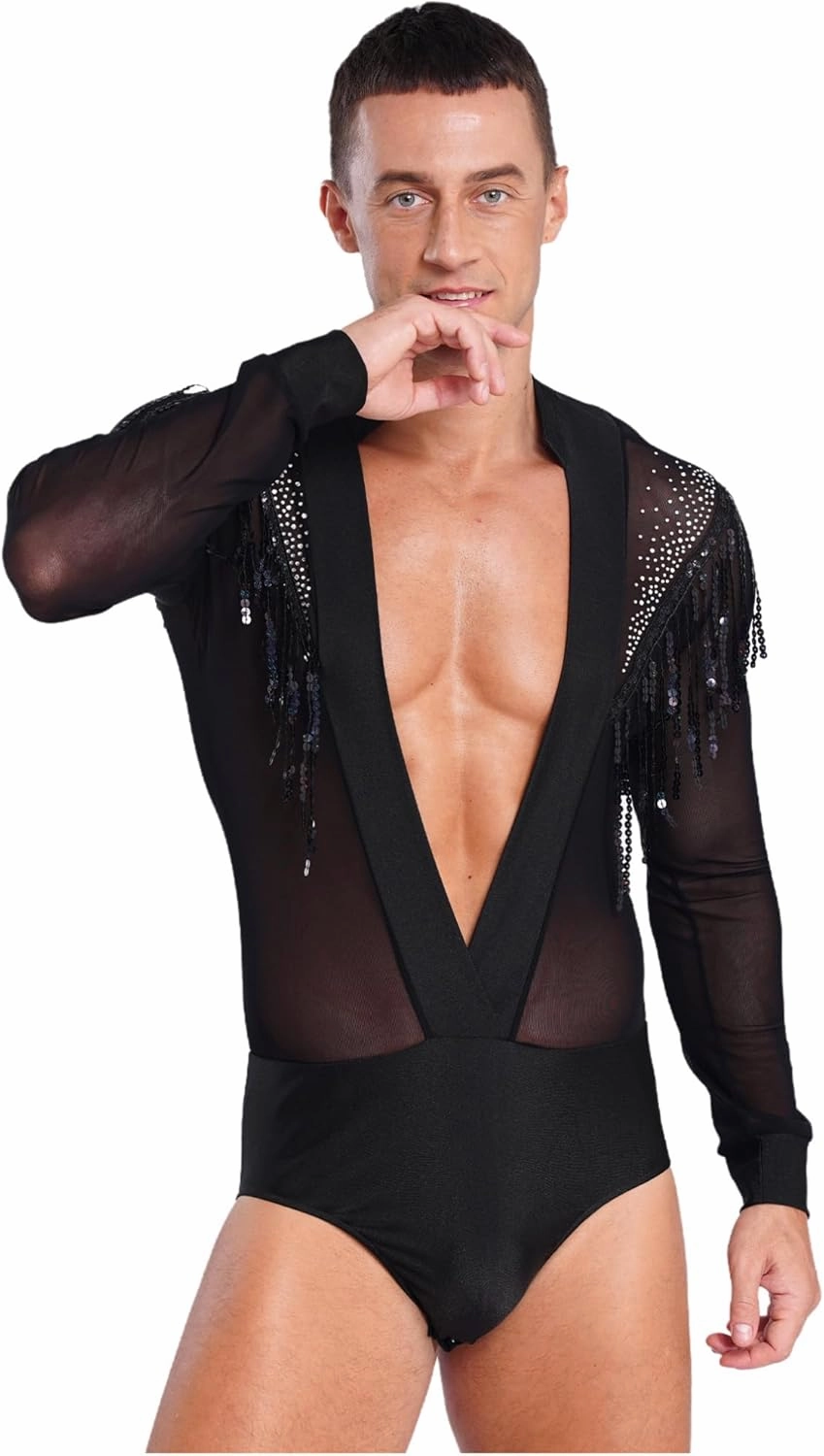 iiniim Men's Shiny Latin Dance Shirt Tassels Bodysuit Samba Salsa Rumba Latin Dance Shirt Modern Dance Shirt