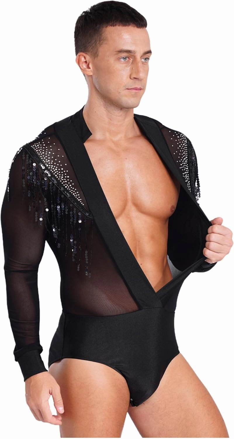 iiniim Men's Shiny Latin Dance Shirt Tassels Bodysuit Samba Salsa Rumba Latin Dance Shirt Modern Dance Shirt