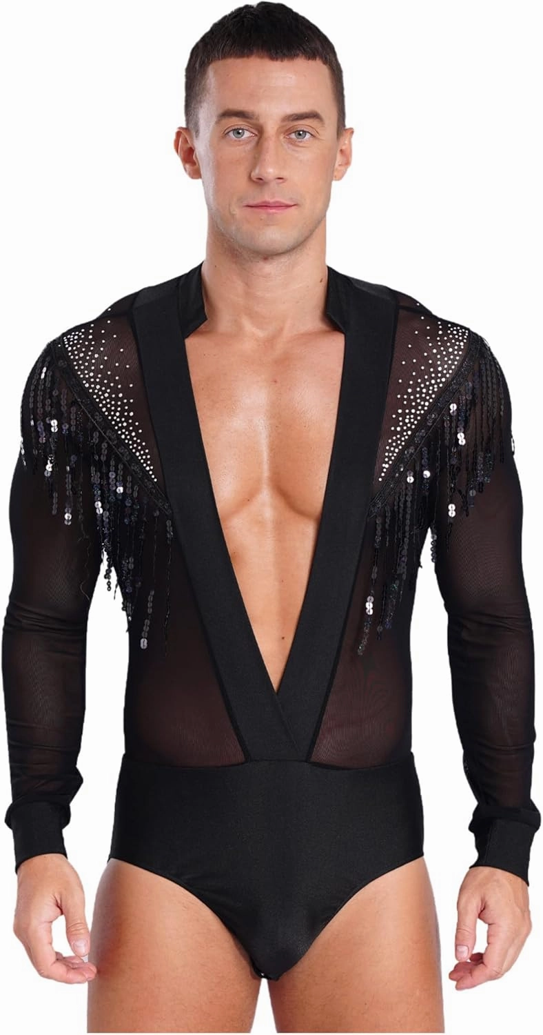 iiniim Men's Shiny Latin Dance Shirt Tassels Bodysuit Samba Salsa Rumba Latin Dance Shirt Modern Dance Shirt