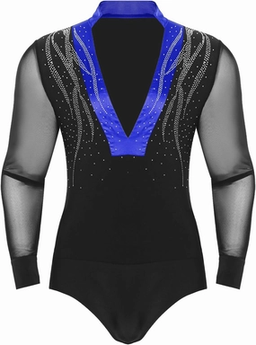 iiniim Mens Sparkling Rhinestone Latin Dance Leotard Mesh V-neck Long Sleeve Ballroom Samba Dance Costume