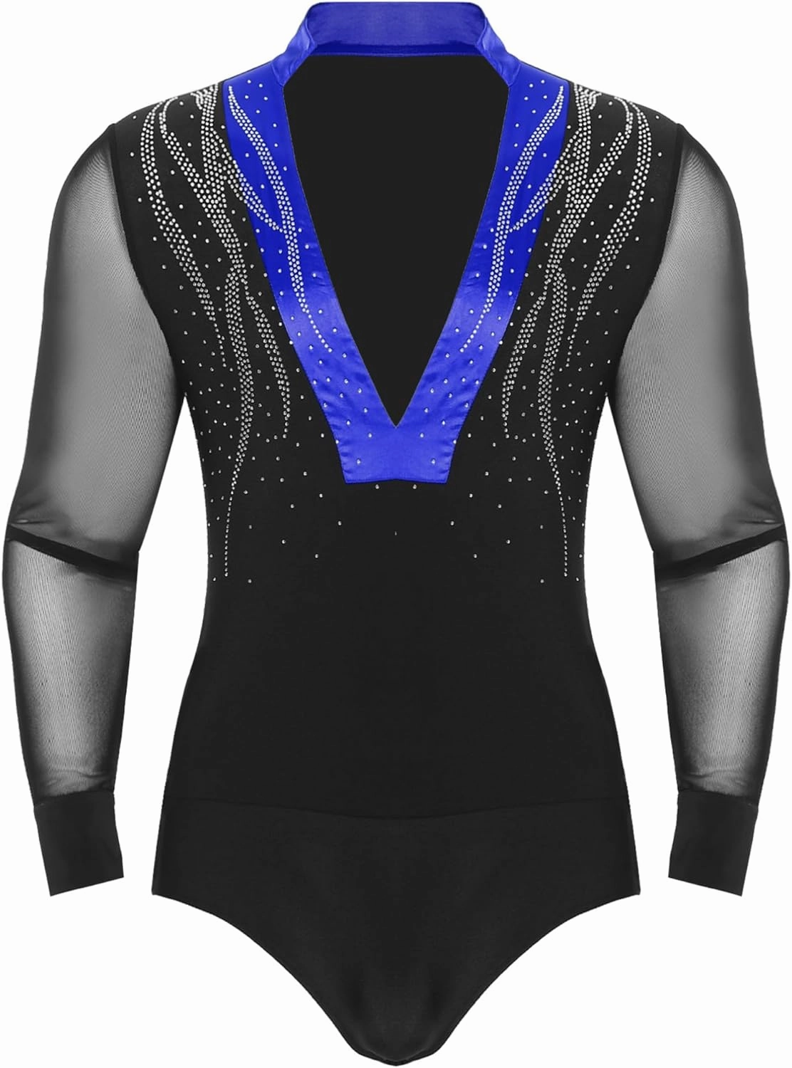 iiniim Mens Sparkling Rhinestone Latin Dance Leotard Mesh V-neck Long Sleeve Ballroom Samba Dance Costume