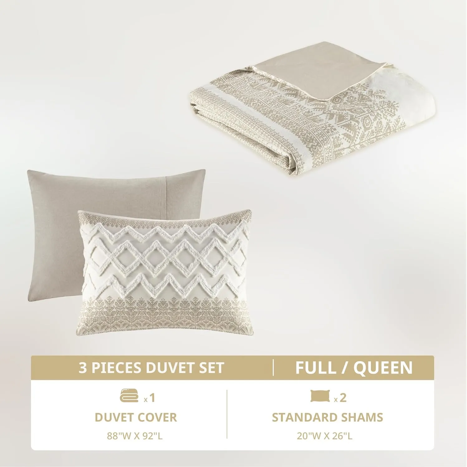 INK IVY Queen Duvet Cover Set, Chic Chevron Chenille Tufting Accent, Boho Duvet Queen Set, All Season, Lightweight Cotton Duvet Queen Set Bedding Cover, 2 Shams, Mila, Full/Queen Taupe 3 Piece