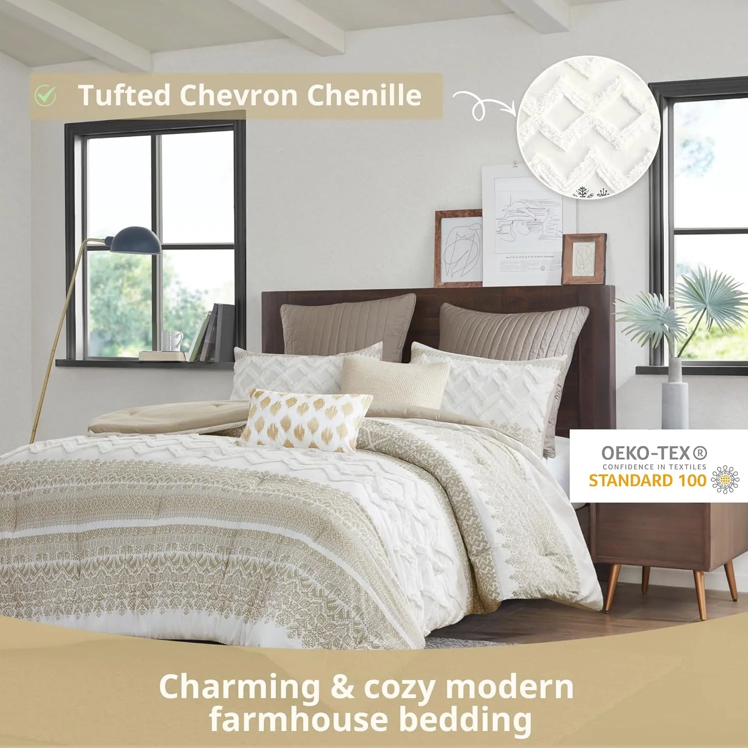 INK IVY Queen Duvet Cover Set, Chic Chevron Chenille Tufting Accent, Boho Duvet Queen Set, All Season, Lightweight Cotton Duvet Queen Set Bedding Cover, 2 Shams, Mila, Full/Queen Taupe 3 Piece
