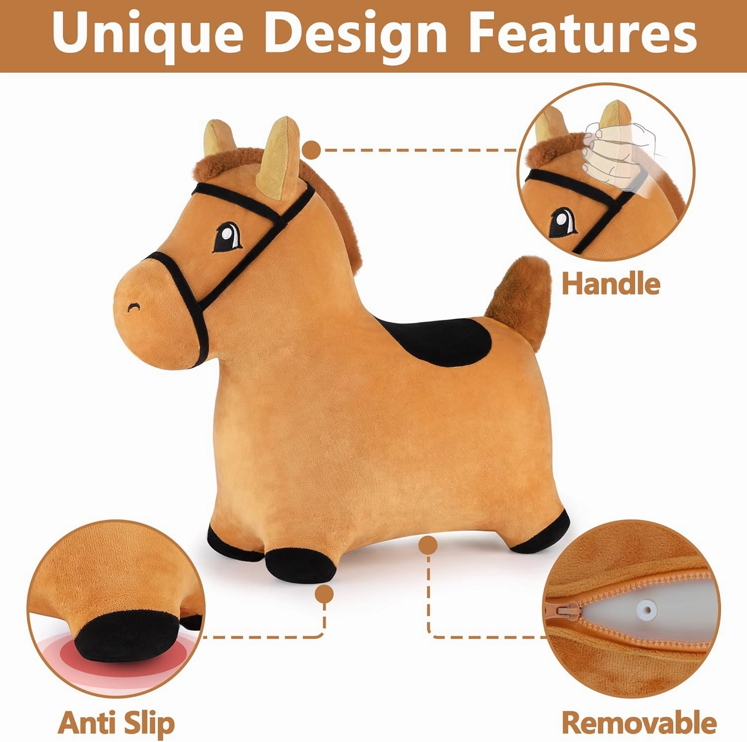 iPlay, iLearn Bouncy Pals Brown Hopping Horse, Toddler Plush Animal Hopper Toy, Kids Inflatable Ride on Bouncer W/Pump, Indoor Outdoor Jumper, Birthday Gifts for 18 24 Months 2 3 Year Old Boys Girls