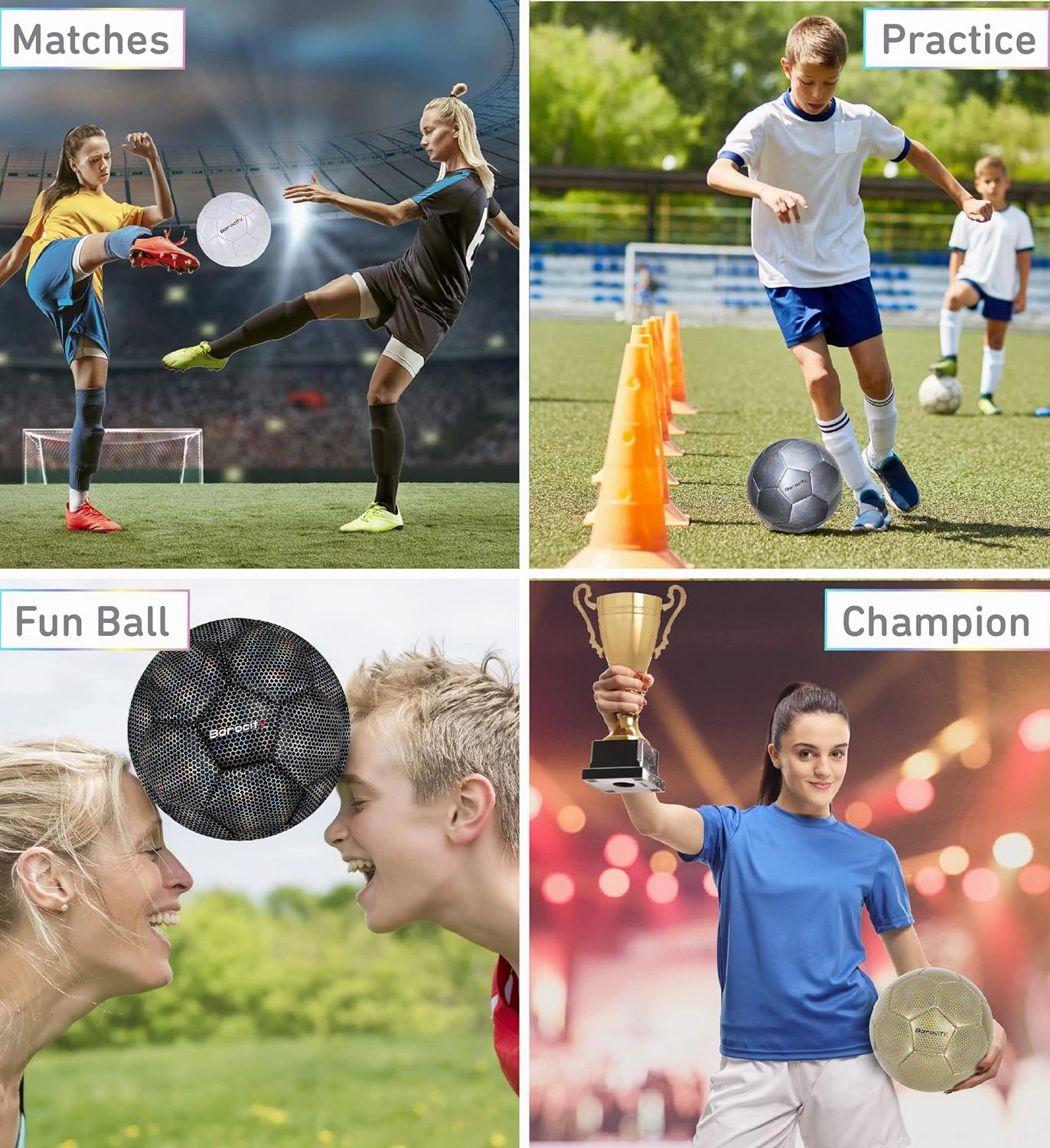 Iridescent Soccer Balls Set of 4 – Official Match Ball with Reflective Hex Pattern, Sport Soccer Balls for Indoor and Outdoor Training and Practice Games